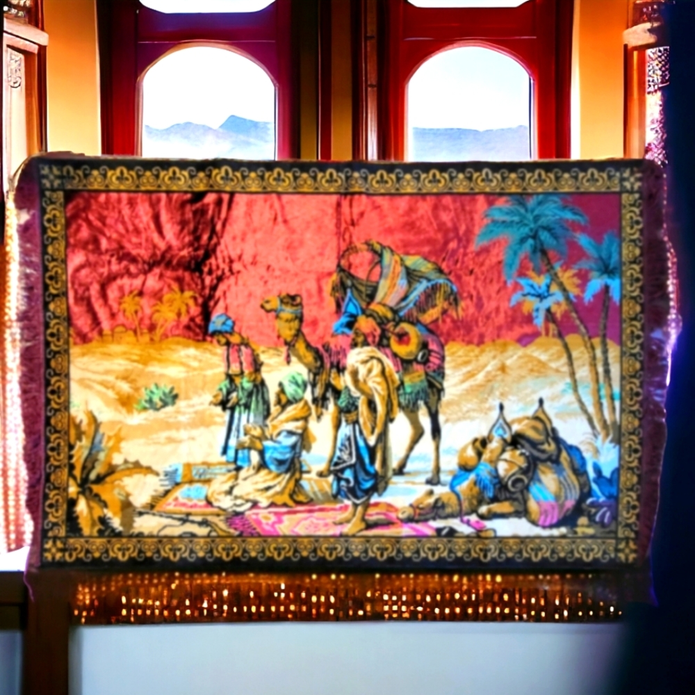 Vintage Velvet Rug w/Three Wise Men and Camel Caravan
